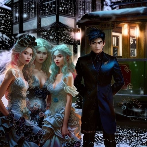 Pictured here is an Asian man guarding three white ladies of erotica and flounces.