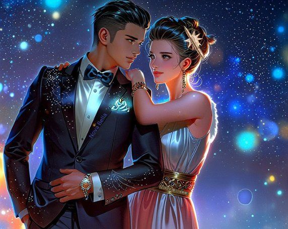 Pictured here is a bronzed Asian man and a brunette white woman.  She has her arm up on his shoulder and he looks back at her.  They are nicely dressed for an evening date.