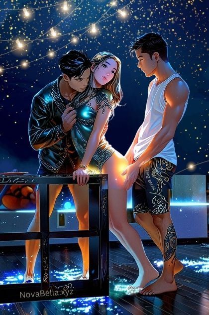 Two Asian men, a Japanese man and a Chinese man perhaps, have a sweet grip on a white woman who may be a college student.  She holds onto a table top as one man holds onto her bare hips.