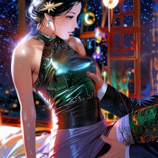 A brunette white woman leans back in a satin miniskirt dress. An Asian man's hands work to please her through her clothes with a special massage.