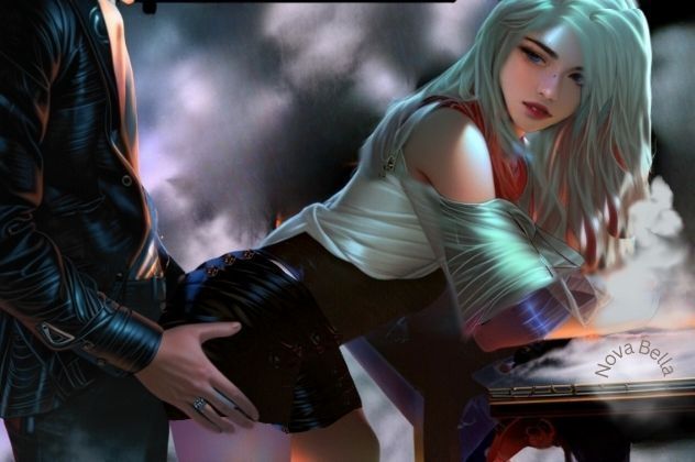 A Chinese man stand behind a white haired woman who leans over a table. He has his hands on her hips. She wears a short, rumpled, black mini skirt.