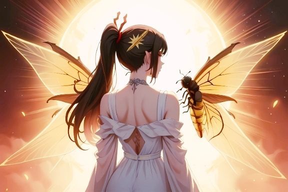 Pictured here is a woman facing into the white hot sun with a one or two large winged insects buzzing next to her, the wingspan spreading across her like angel wings.