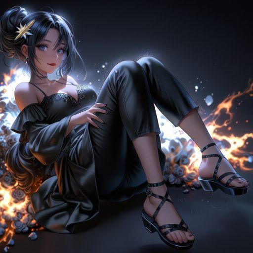Pictured here is the Nova Bella Mystic Pen logo lady who wears sultry black cropped leggings, a strappy top, and loose blouse with the gold pen and star in her hair. She has an inviting expression for readers of erotica and romance.