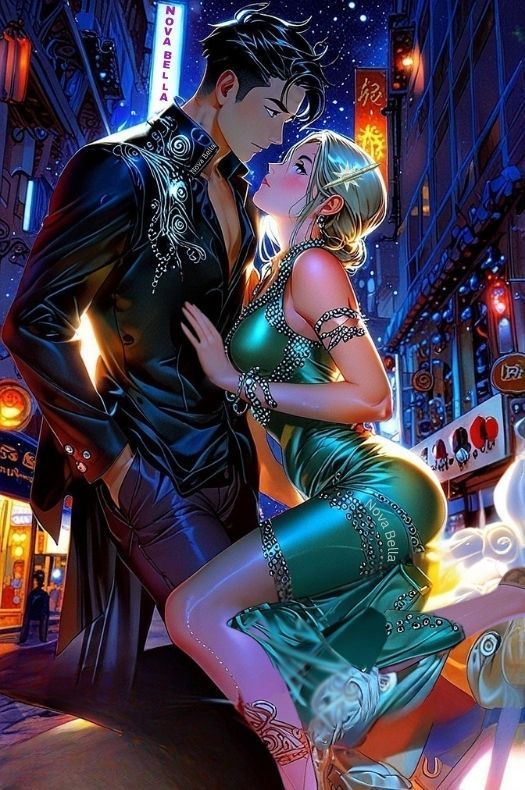 Pictured here is a striking interracial couple: A Japanese man in a black outfit and a white woman in a shining green satin dress.  She looks up towards him, in pleading or questioning. 
