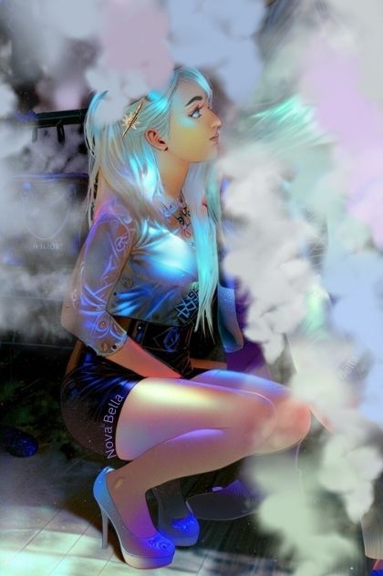 Pictured here is a woman almost kneeling on the ground in her high heels. She is surrounded by an impenetrably thick fog, looking upwards. She has lovely white hair shining in the lights at night.