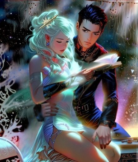 An Asian man and A woman with white hair read a book or a document together. His hand rests on her thigh.
