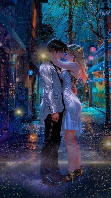 An Asian man and a blond woman stand close together in a pretty lit up street in Korea.  She has her arms up over his shoulders, and he has one hand around her waist.