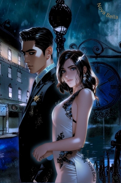A darker Asian man and a brunette white woman walk together on a stormy night.  She wears a clingy silver satin dress.
