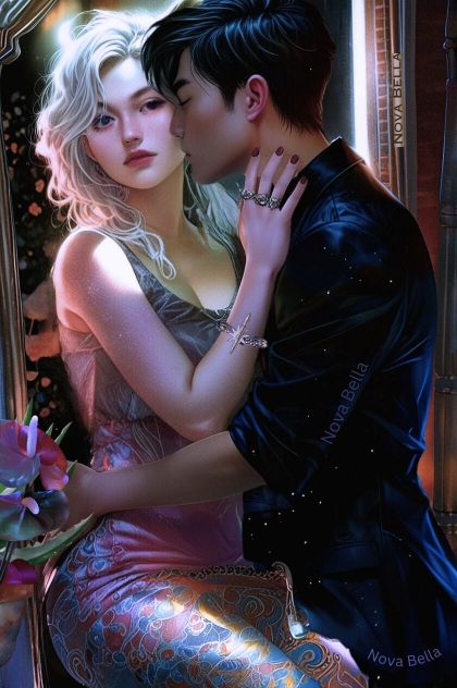 A Korean man kisses the jawline of his blond girlfriend while  lifting her onto the table.