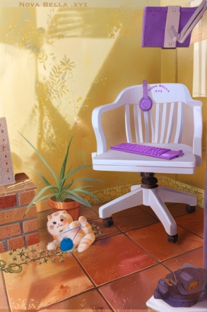 Shown here is Nova Bella's writing chair setup in a writer's corner. The wall is a golden color, the chair is white, with a aloe plant, a playful cat, miscellaneous golden objects, a purple keyboard and soft purple headphones.